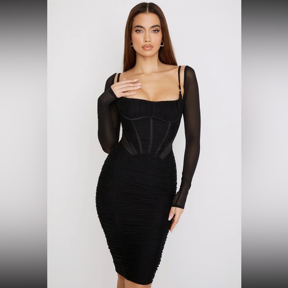 House of CB Dresses & Skirts - Freyja Satin Ruched Long Sleeve Body-Con Dress